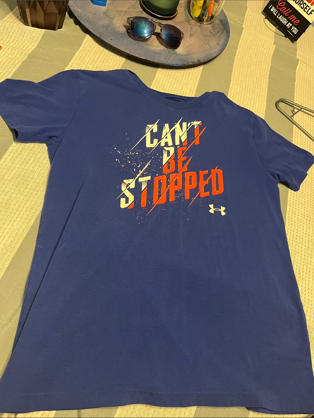 Under Armour Navy Tee with Orange and White Graphic